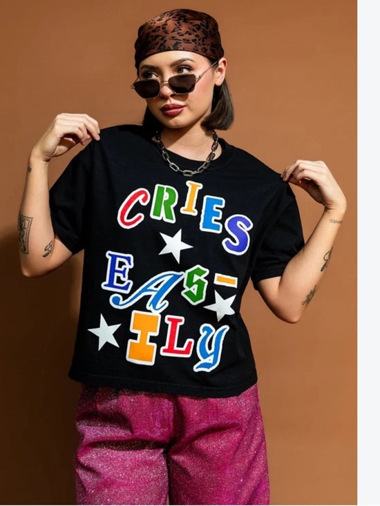 Dressed in LALA Tops - Dressed in LALA Sensitive Queen Boxy Cropped Tee S/M Black Cries Easily Shirt